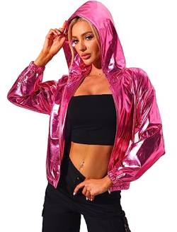 Allegra K Damen holographisch glänzende lange Ärmel Reißverschluss Kapuze Metallic Jacke Gr. 46, hot pink von Allegra K