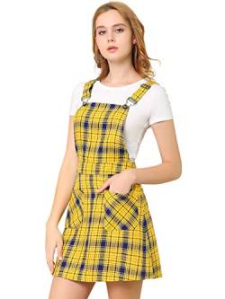 Allegra K Damen verstellbarer Riemen über dem Knie Plaid gedruckt Overall Kleid Strapsrock, gelb, Groß von Allegra K