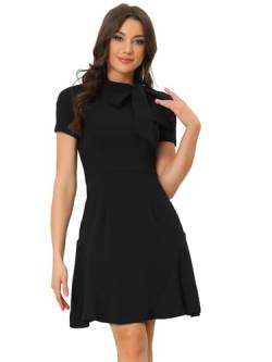 Allegra K Elegantes Kleid mit Fliege und Ausschnitt für Damen, einfarbig, gerüschter Saum, kurze Ärmel, Swing Kleider, Schwarz , 46 von Allegra K