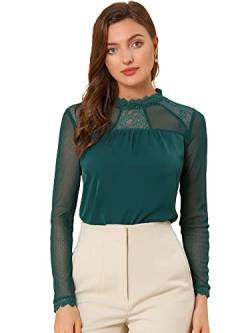 Allegra K Frauen Blumen Spitze Langarm Spitze Trim Casual Elegante Chiffon Bluse, Dunkelgrün, Groß von Allegra K