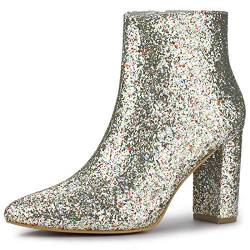 Allegra K Glitzernde Damen-Stiefeletten mit spitzer Zehenpartie und klobigem Absatz Silber 38.5 von Allegra K