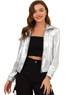 Allegra K Holografische glänzende Damen-Jacke, langärmelig, leicht, mit Reißverschluss, metallisch, silber, M von Allegra K