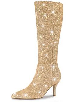 Allegra K Kniehohe Damenstiefel mit spitzer Zehenpartie und Glitzer und Stiletto-Absatz Gold 41 von Allegra K