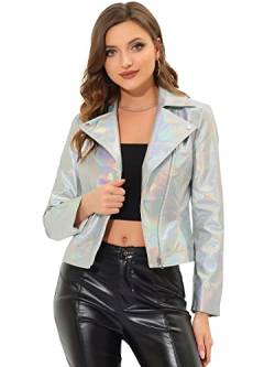 Allegra K Metallic-Jacke für Damen, Biker, holografisch, glänzende Jacken, silber, 32 von Allegra K