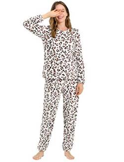 Allegra K Winter-Pyjama-Sets für Damen, niedlich, bedruckt, langärmelig, Nachtwäsche, Oberteil und Hose, Loungewear, weiche Nachtwäsche Gr. 34, Leopardenmuster von Allegra K