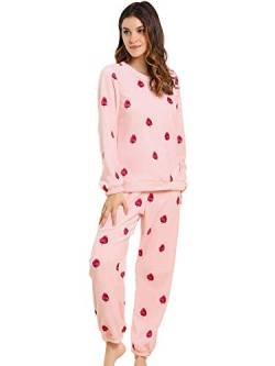 Allegra K Winter-Pyjama-Sets für Damen, niedlich, bedruckt, langärmelig, Nachtwäsche, Oberteil und Hose, Loungewear, weiche Nachtwäsche Gr. 34, Rosa mit Erdbeer-Aufdruck. von Allegra K