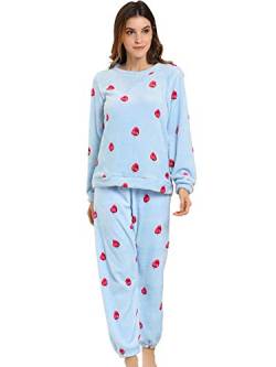 Allegra K Winter-Pyjama-Sets für Damen, niedlich, bedruckt, langärmelig, Nachtwäsche, Oberteil und Hose, Loungewear, weiche Nachtwäsche Gr. 42, Erdbeer-Druck in Blau. von Allegra K