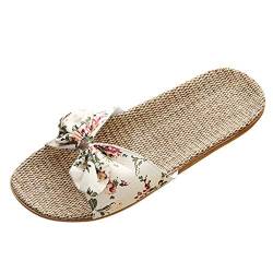 Allence Damen Pantoletten Sommer Schuhe Fujimori Pantoffeln Blumen Slippers Leinen Flache Hausschuhe Hausschuhe Strand Komfort Sandalen Hausschuhe mit rutschfest Weiche Sohle von Allence