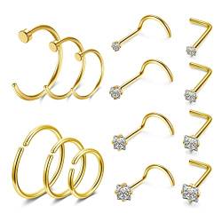 AllerPierce 14 Stück 20G Nasenpiercing Set Fake Nasenring Nasenstecker aus Chirurgenstahl Nasenpiercingschmuck für Nase Lippe Tragus Knorpel Helix Gold von AllerPierce