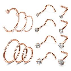 AllerPierce 14 Stück 20G Nasenpiercing Set Fake Nasenring Nasenstecker aus Chirurgenstahl Nasenpiercingschmuck für Nase Lippe Tragus Knorpel Helix Rosegold von AllerPierce