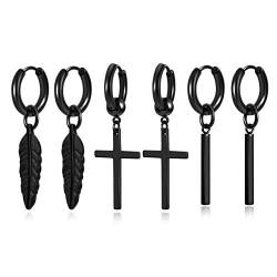 AllerPierce 3 Paare Edelstahl Ohrringe mit Kreuz, Feder, Quader Anhänger Hoop Creolen Set für Herren Damen 18G Baumeln Hängend Ohrpiercing Ohrhänger (Schwarz) von AllerPierce