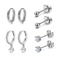 AllerPierce 4 Paare Edelstahl Ohr Piercing Ohrringe Set Creolen Ohrstecker Stud Helix Tragus Piercing Stecker für Damen Mädchen Silber Gold von AllerPierce