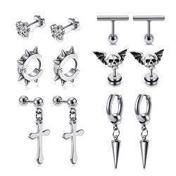 AllerPierce 6 Paare Punk Ohrringe Set Edelstahl Ohrstecker Creolen mit Anhänger Helix Tragus Ohr Knorpel Piercing für Damen Herren Silber von AllerPierce