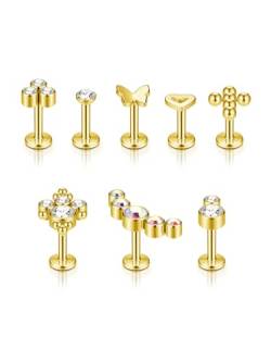 AllerPierce 8er Tragus Piercings Lippenpiercing 16ga 10mm Herz Kreuz Halbmond Schmetterling CZ Ohrstecker Nasenstecker Labret Helix Knorpel Piercing für Mädchen Frauen(Gold) von AllerPierce