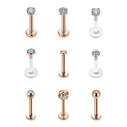 AllerPierce 9 Stück 16G Lippenpiercing Helix Tragus Piercing Chirurgenstahl Acryl Bioflex Retainer Stud Monore Labret Piercing Ohr Stecker Rosegold von AllerPierce