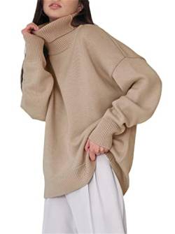 Alloaone Damen Herbst Winter Oversize Lose Rollkragen Sweater Dicker Strick Pullover Tops, khaki, L von Alloaone