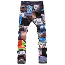 Alloaone Herren Patchwork Spliced Ripped Denim Jeans Male Slim Colored Patch Buttons Fly Straight Pants Multi 32 von Alloaone