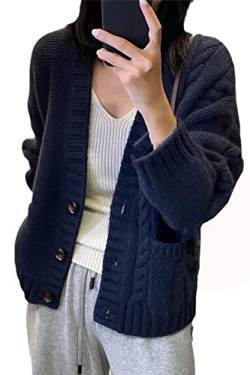 Alloaone Kaschmir Strickjacke Mode Dicker Lose Pullover Winter Damen Wolle V-Ausschnitt Große Größe Jacke, marineblau, M von Alloaone