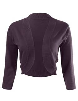 Allsense Damen Bolero 3/4 Ärmel Cropped Open Front Shrug Cardigan Sweater Jacke, Dunkles Violett, Klein von Allsense