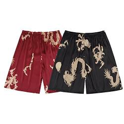 Allthemen 2 Stück Herren Satin Schlafanzughose Kurz Pyjamahose Shorts Boxershorts Bottoms Type 1 Schwarz+Rot L von Allthemen