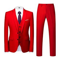 Allthemen Herren Anzug 3-teilig Slim Fit Einreihig Zwei Knöpfe Hochzeit Smoking Anzug Blazer Weste Hose Rot XL von Allthemen