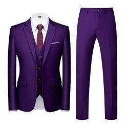 Allthemen Herren Anzug 3-teilig Slim Fit Einreihig Zwei Knöpfe Hochzeit Smoking Anzug Blazer Weste Hose Violett XL von Allthemen