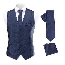 Allthemen Herren Anzugweste Paisley Jacquard Weste Krawatte Einstecktuch Anzug Weste Set für Hochzeit Blau S von Allthemen