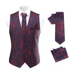 Allthemen Herren Anzugweste Paisley Jacquard Weste Krawatte Einstecktuch Anzug Weste Set für Hochzeit Blau & Rot 3XL von Allthemen