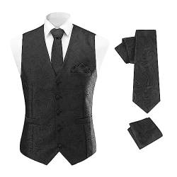 Allthemen Herren Anzugweste Paisley Jacquard Weste Krawatte Einstecktuch Anzug Weste Set für Hochzeit Schwarz L von Allthemen