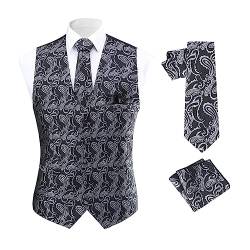 Allthemen Herren Anzugweste Paisley Jacquard Weste Krawatte Einstecktuch Anzug Weste Set für Hochzeit Silber & Schwarz XL von Allthemen