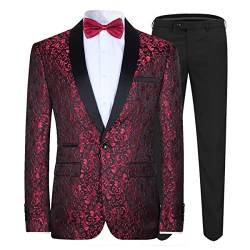 Allthemen Herren Jacquard Smoking Anzug Slim Fit 2 Teilig Anzüge für Hochzeit Party Abschluss Rot L von Allthemen