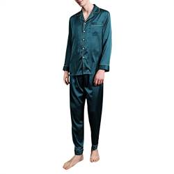 Allthemen Herren Satin Pyjama Schlafanzug Lang Hausanzüge Zweiteiliger Nachtwäsche Langarm Comfort Shirt und Pyjamahose Blau2 M von Allthemen