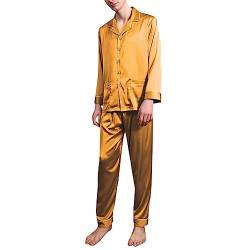 Allthemen Herren Satin Pyjama Schlafanzug Lang Hausanzüge Zweiteiliger Nachtwäsche Langarm Comfort Shirt und Pyjamahose Gelb L von Allthemen
