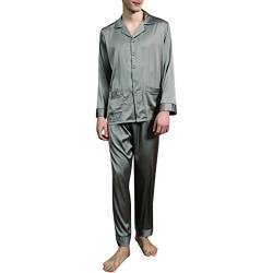 Allthemen Herren Satin Pyjama Schlafanzug Lang Hausanzüge Zweiteiliger Nachtwäsche Langarm Comfort Shirt und Pyjamahose Grau2 XXL von Allthemen