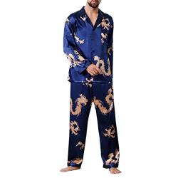 Allthemen Herren Satin Pyjama Schlafanzug Lang Hausanzug Nachtwäsche Langarm Shirt und Pyjamahose #18009 Blau L von Allthemen