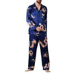 Allthemen Herren Satin Pyjama Schlafanzug Lang Hausanzug Nachtwäsche Langarm Shirt und Pyjamahose #18009 Blau XS von Allthemen