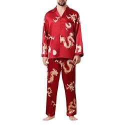 Allthemen Herren Satin Pyjama Schlafanzug Lang Hausanzug Nachtwäsche Langarm Shirt und Pyjamahose #18009 Rot S von Allthemen