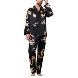 Allthemen Herren Satin Pyjama Schlafanzug Lang Hausanzug Nachtwäsche Langarm Shirt und Pyjamahose #18009 Schwarz L von Allthemen