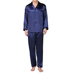 Allthemen Herren Satin Pyjama Schlafanzug Lang Hausanzug Nachtwäsche Langarm Shirt und Pyjamahose #89002 Blau L von Allthemen