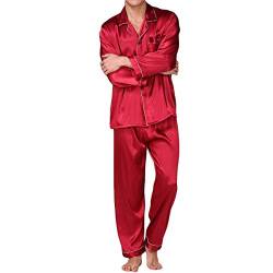 Allthemen Herren Satin Pyjama Schlafanzug Lang Hausanzug Nachtwäsche Langarm Shirt und Pyjamahose #89002 Rot S von Allthemen