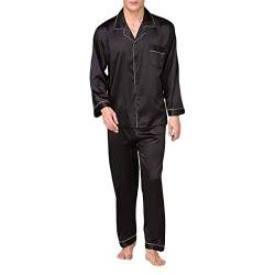 Allthemen Herren Satin Pyjama Schlafanzug Lang Hausanzug Nachtwäsche Langarm Shirt und Pyjamahose #89002 Schwarz XL von Allthemen