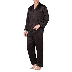 Allthemen Herren Satin Pyjama Schlafanzug Lang Hausanzug Nachtwäsche Langarm Shirt und Pyjamahose #89002 Schwarz1 S von Allthemen