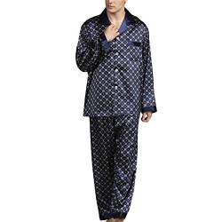 Allthemen Herren Satin Pyjama Schlafanzug Lang Hausanzug Nachtwäsche Langarm Shirt und Pyjamahose #89008 Blau M von Allthemen