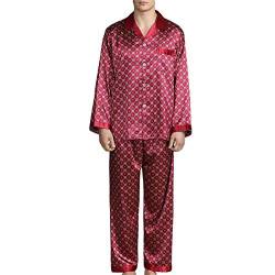 Allthemen Herren Satin Pyjama Schlafanzug Lang Hausanzug Nachtwäsche Langarm Shirt und Pyjamahose #89008 Rot1 L von Allthemen
