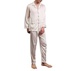 Allthemen Herren Satin Pyjama Schlafanzug Lang Hausanzug Zweiteiliger Nachtwäsche Langarm Shirt und Pyjamahose Beige L von Allthemen