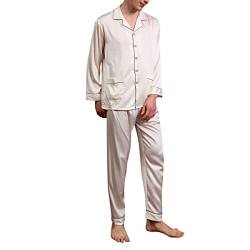 Allthemen Herren Satin Pyjama Schlafanzug Lang Hausanzug Zweiteiliger Nachtwäsche Langarm Shirt und Pyjamahose Beige M von Allthemen