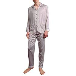 Allthemen Herren Satin Pyjama Schlafanzug Lang Hausanzug Zweiteiliger Nachtwäsche Langarm Shirt und Pyjamahose Hell Beige M von Allthemen