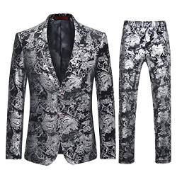 Allthemen Jacquard Smoking Herren Anzug Fallendes Revers 2 Teilig Set für Hochzeit Party Silber 4XL von Allthemen