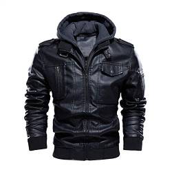 Allthemen Lederjacke Herren Gefüttert Jacke mit Abnehmbarer Kapuze Leder Bikerjacke Übergangsjacke Bomberjacke Winterjacke von Allthemen