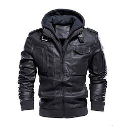 Allthemen Lederjacke Herren Gefüttert Jacke mit Abnehmbarer Kapuze Leder Bikerjacke Übergangsjacke Bomberjacke Winterjacke von Allthemen